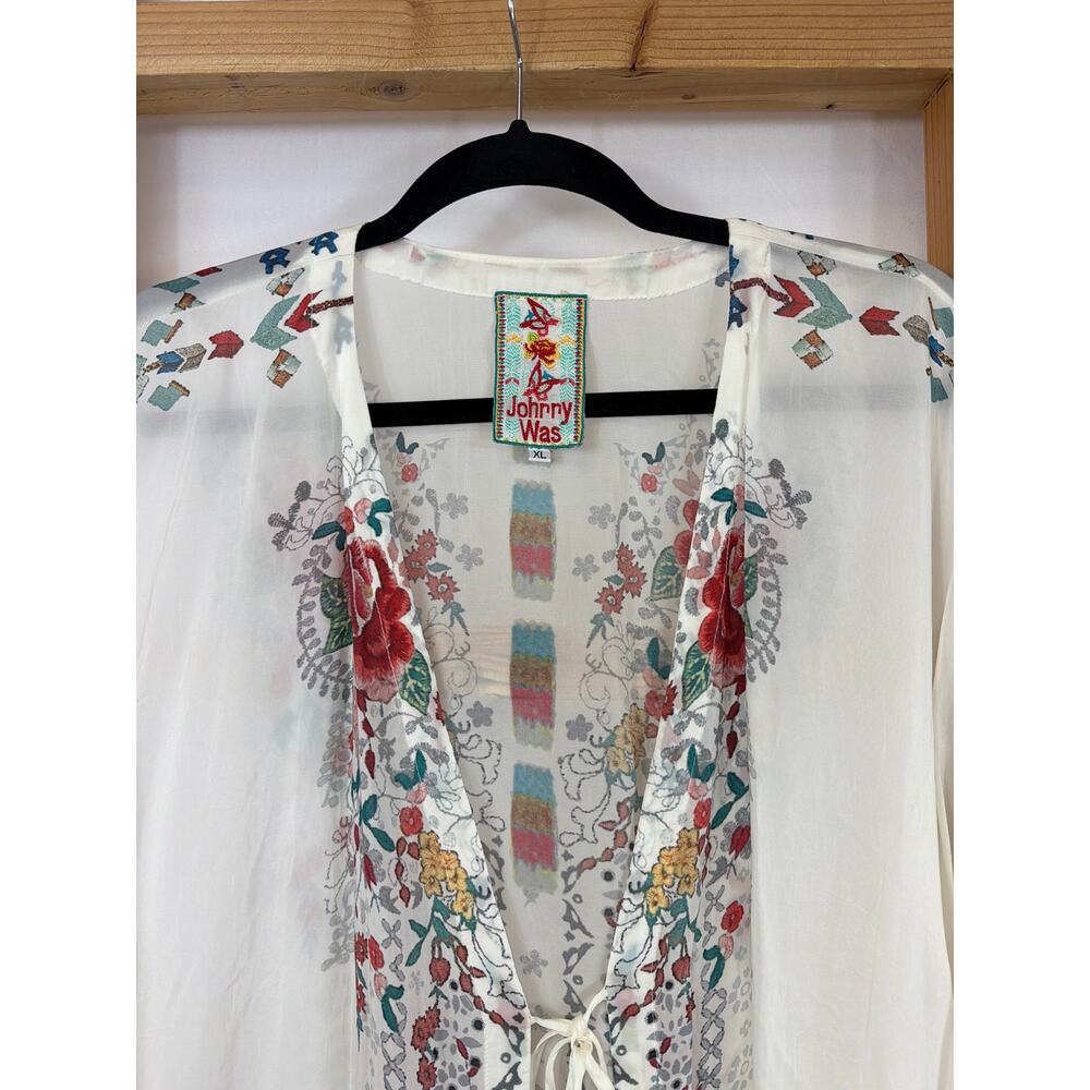 Johnny Was Floral Sheer Front Tie Mid Length Sleeve Top Size XL - Picture 2 of 6